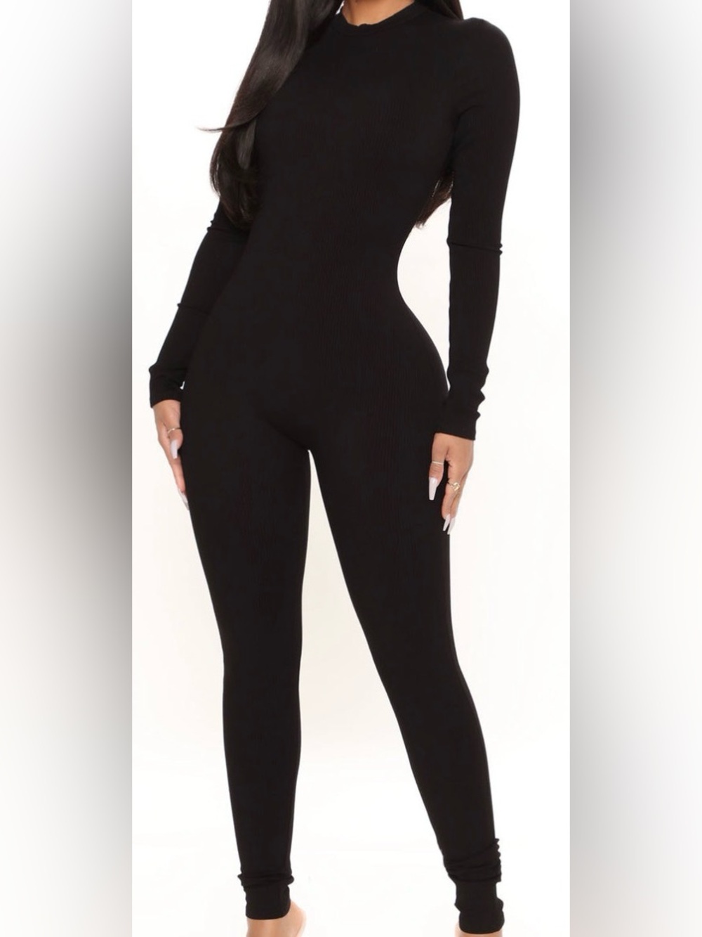 Fashion Nova Snatched Black Long Sleeve Crewneck Jumpsuit